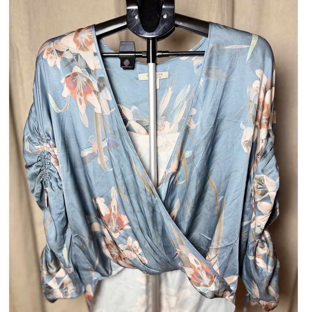 AllSaints Preslie Kuroyuri Silk Blend Blouse Womens US 12 Floral Wrap Romantic